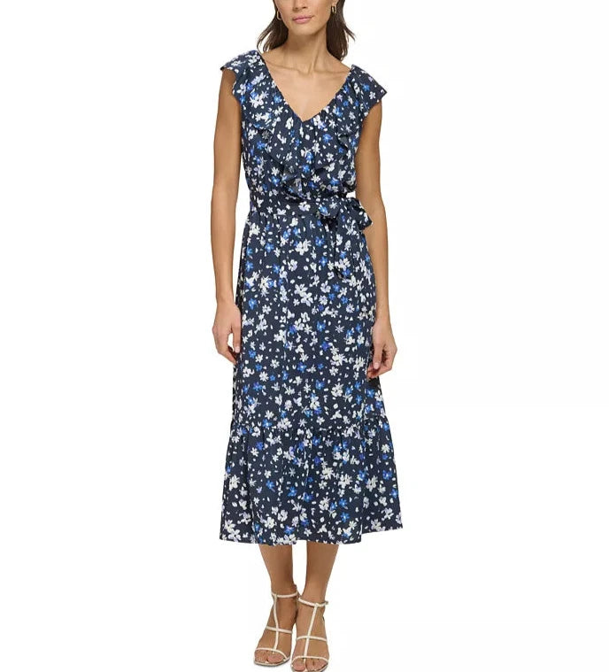 DKNY Ruffled Floral-Print Tie-Waist Midi Dress