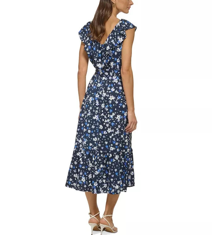 DKNY Ruffled Floral-Print Tie-Waist Midi Dress