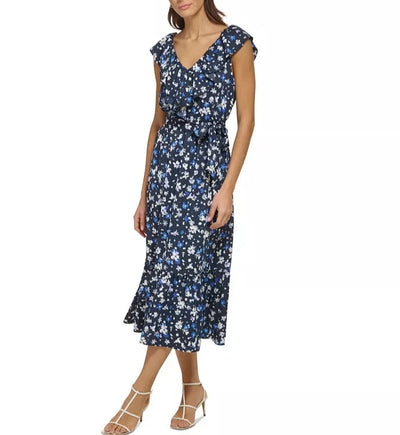 DKNY Ruffled Floral-Print Tie-Waist Midi Dress