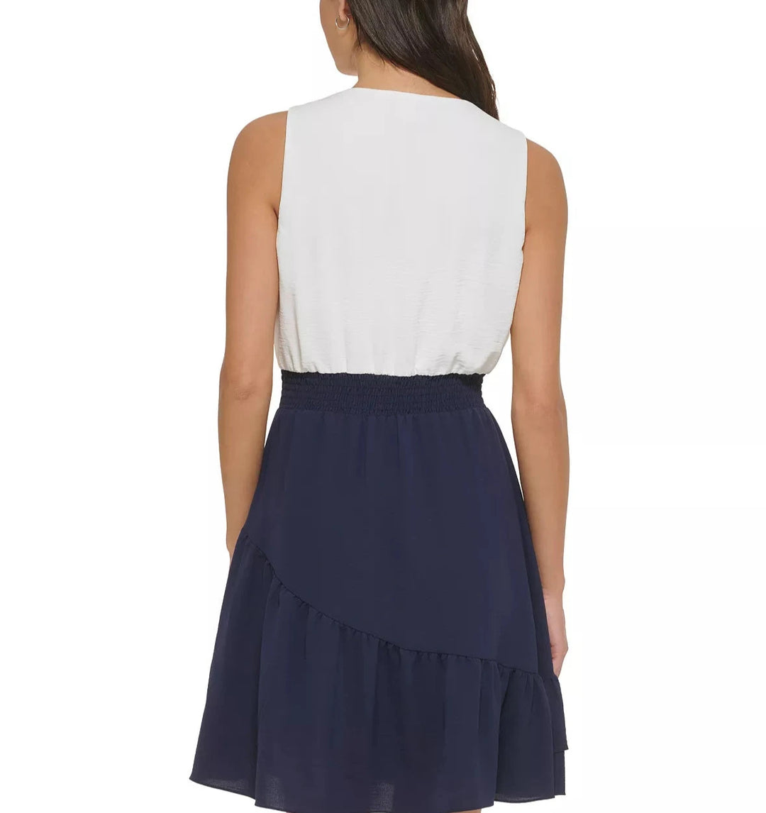 DKNY V-Neck Sleeveless Smocked Waist Tiered Dress