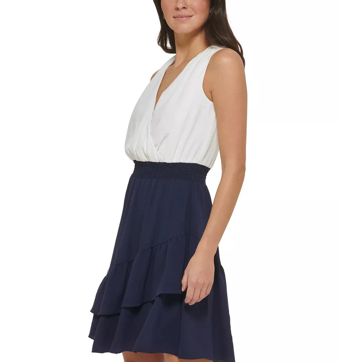 DKNY V-Neck Sleeveless Smocked Waist Tiered Dress