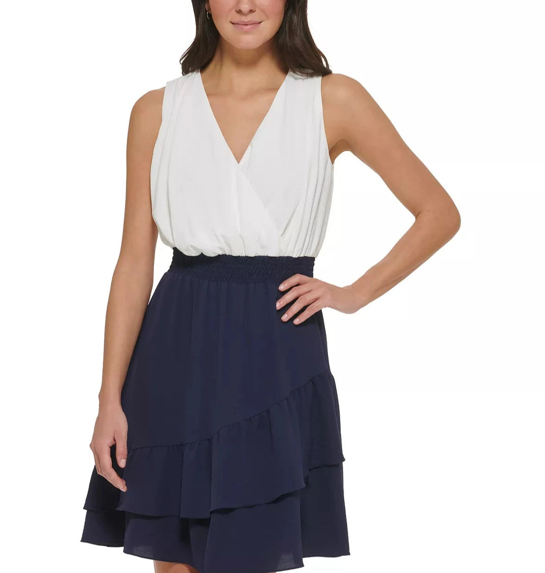 DKNY V-Neck Sleeveless Smocked Waist Tiered Dress