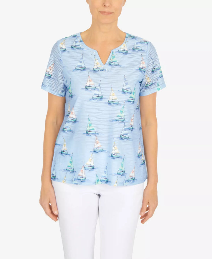 Alfred Dunner Petite Set Sail Sailboat Split Neck Top