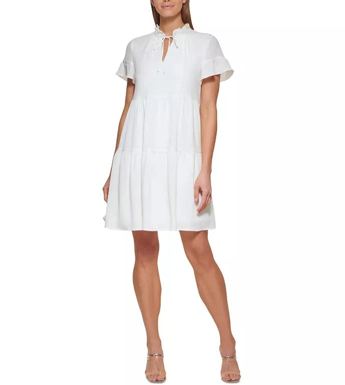 DKNY Split-Neck Ruffle-Sleeve Tiered Swing Dress