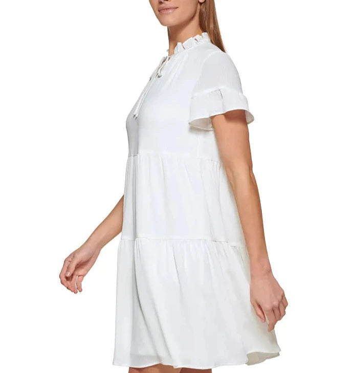 DKNY Split-Neck Ruffle-Sleeve Tiered Swing Dress