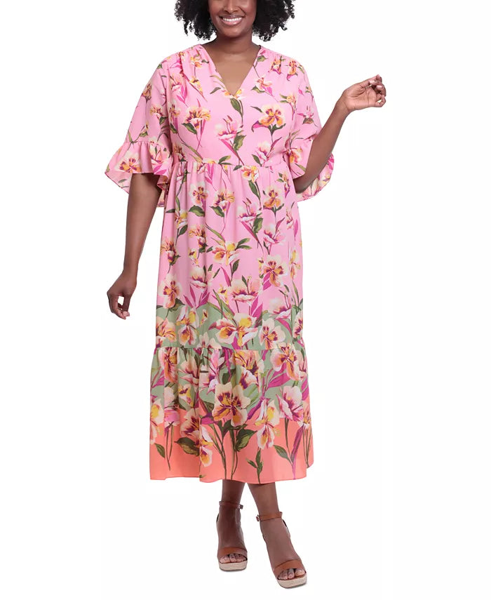 London Times Floral-Print V-Neck Maxi Dress