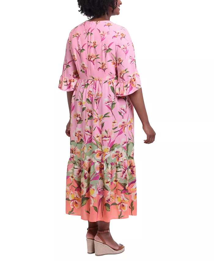 London Times Floral-Print V-Neck Maxi Dress