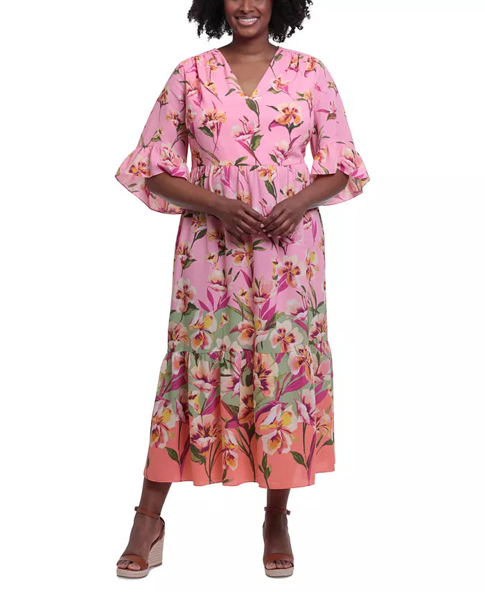 London Times Floral-Print V-Neck Maxi Dress