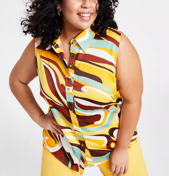 Bar III Plus Size Swirl-Printed Sleeveless Button-Front Top