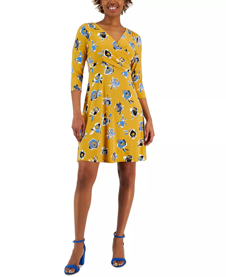 Kasper Petite 3/4-Sleeve Printed V-Neck Dress