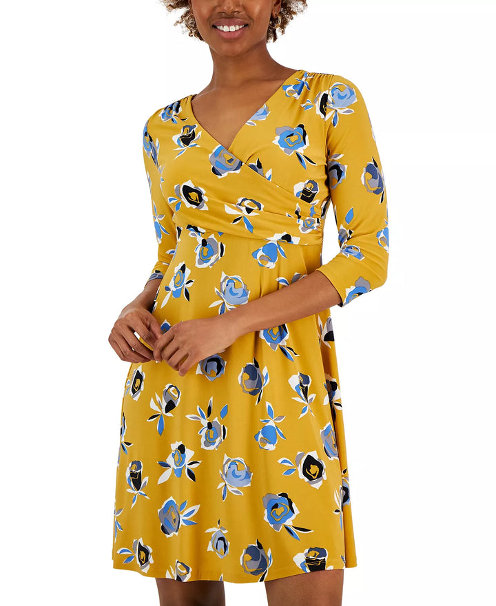 Kasper Petite 3/4-Sleeve Printed V-Neck Dress