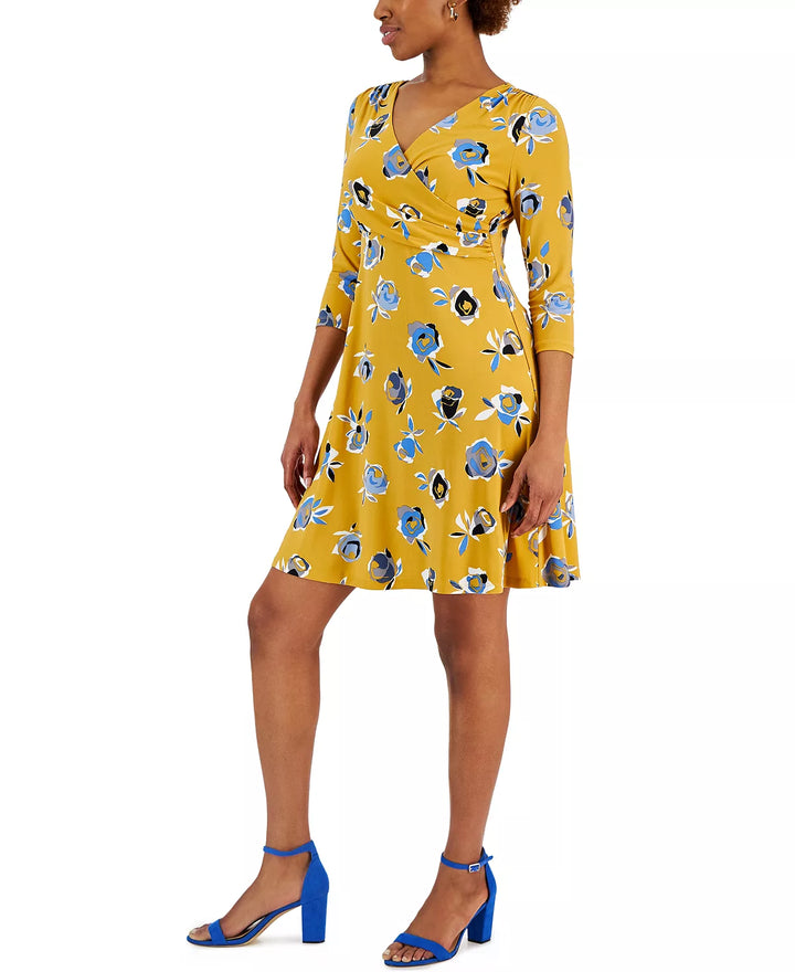 Kasper Petite 3/4-Sleeve Printed V-Neck Dress