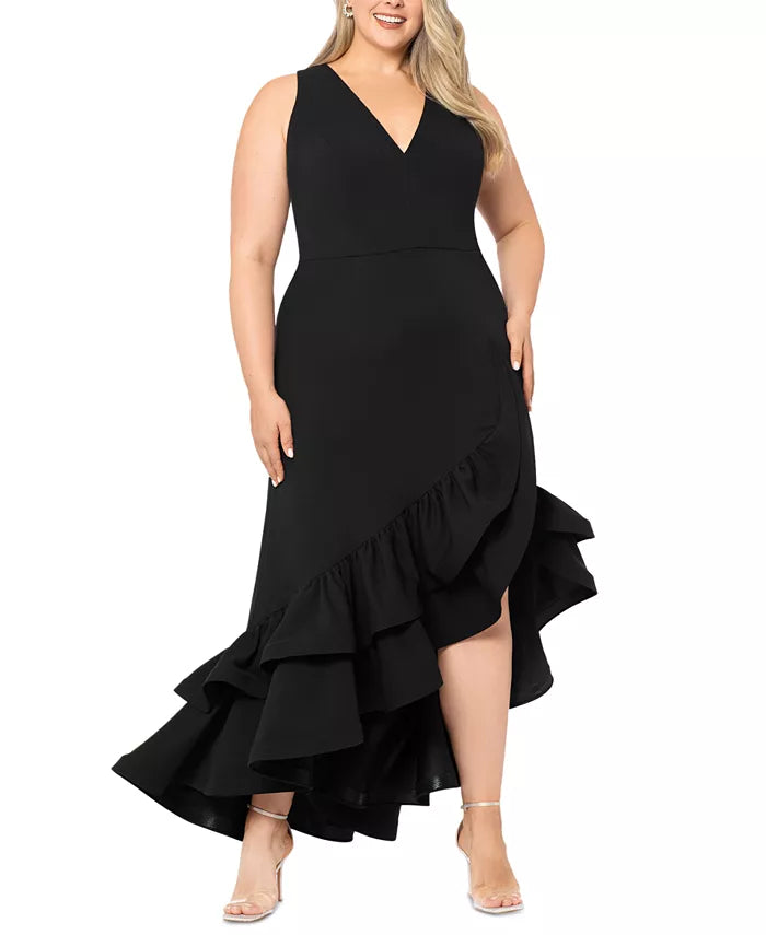 Betsy & Adam Plus Size Asymmetric Ruffled Gown