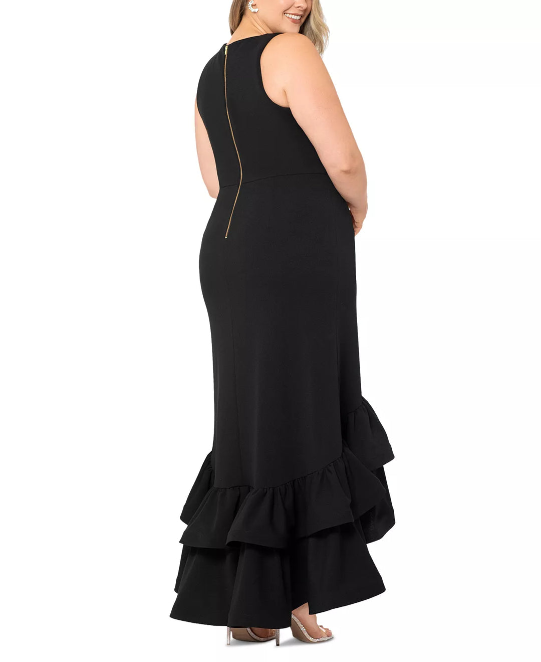 Betsy & Adam Plus Size Asymmetric Ruffled Gown
