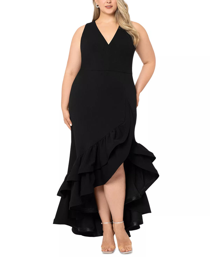 Betsy & Adam Plus Size Asymmetric Ruffled Gown