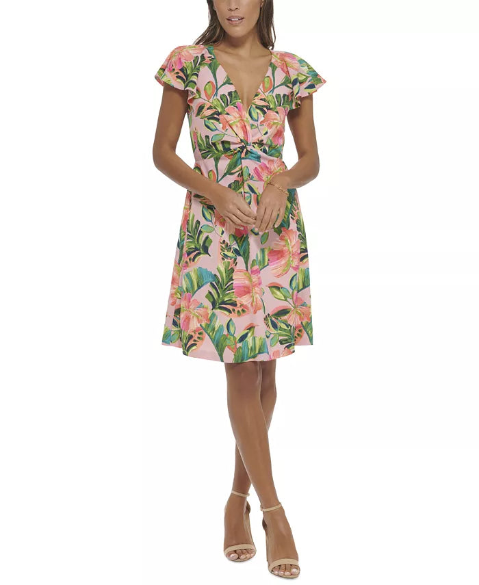 Kensie Printed Knot-Front Flutter-Sleeve Dress