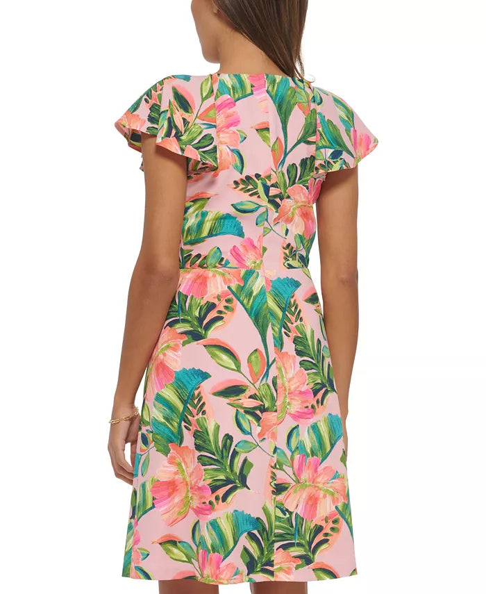 Kensie Printed Knot-Front Flutter-Sleeve Dress