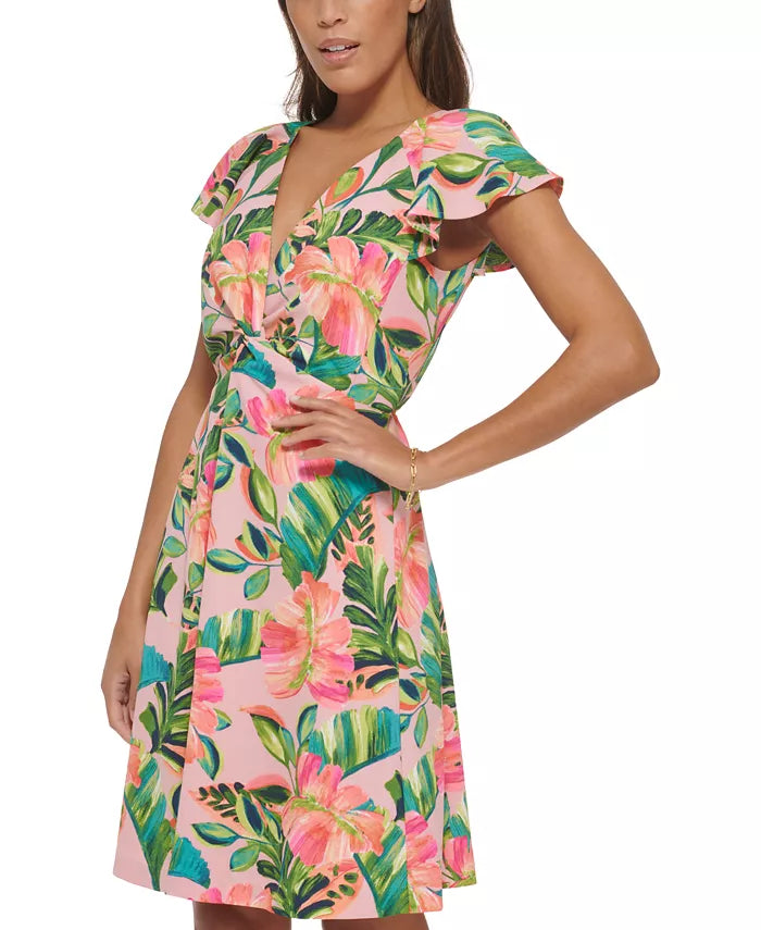 Kensie Printed Knot-Front Flutter-Sleeve Dress