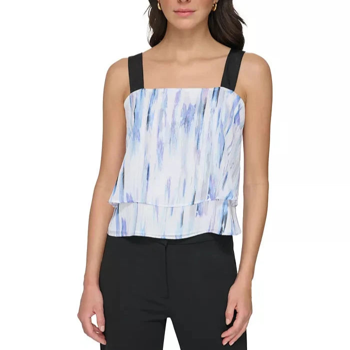 DKNY Tiered Chiffon Square Neck Top