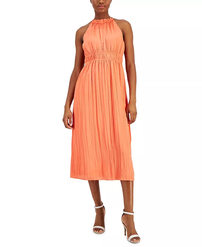 Anne Klein High-Neck Halter Pleated Midi Dress