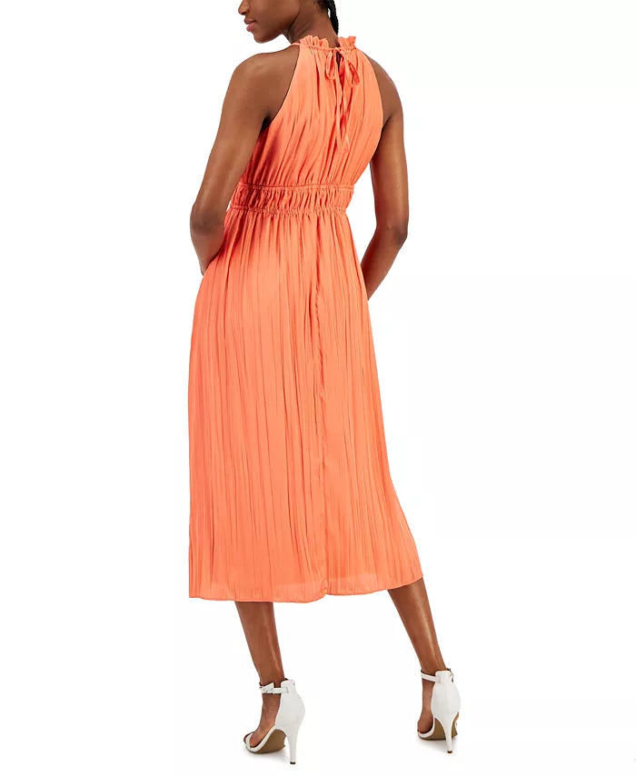 Anne Klein High-Neck Halter Pleated Midi Dress