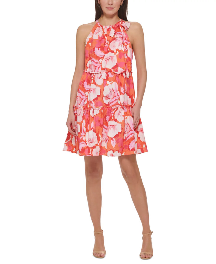 Vince Camuto Floral-Print Bow-Neck Ruffled Tiered Trapeze Dress