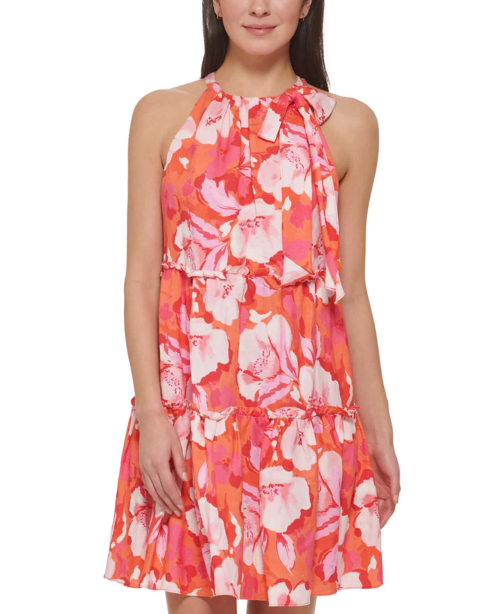 Vince Camuto Floral-Print Bow-Neck Ruffled Tiered Trapeze Dress