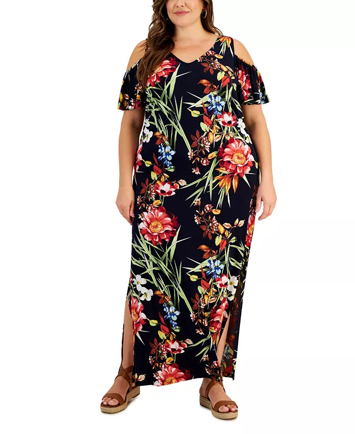 Connected Printed Cold-Shoulder Maxi Dress