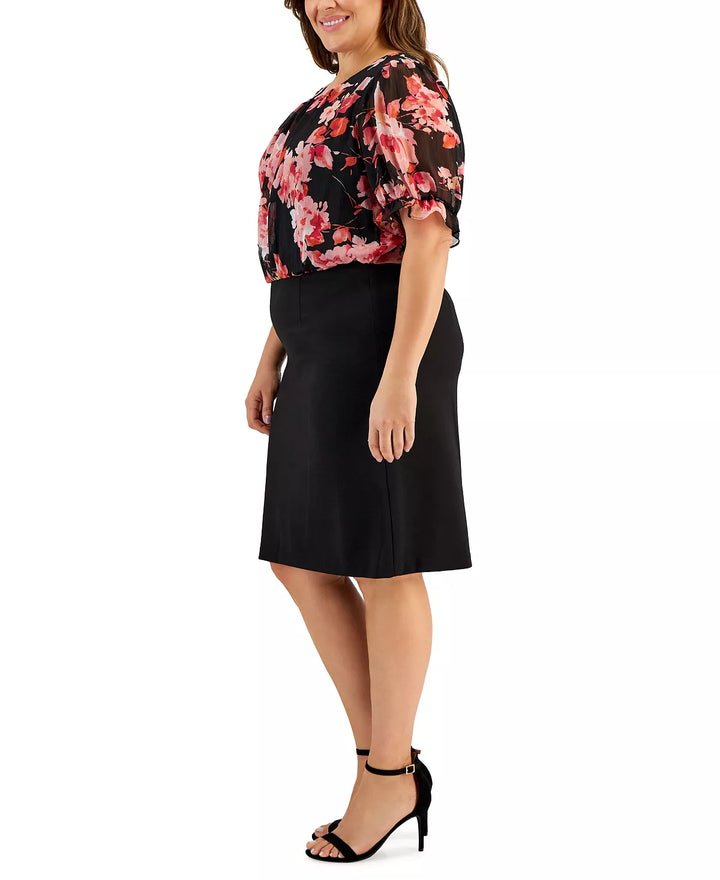 Connected Plus Size Mixed-Media Chiffon-Blouson Crepe Dress