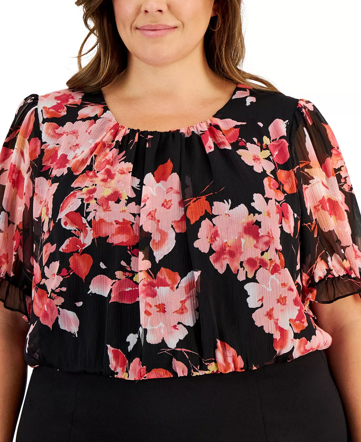 Connected Plus Size Mixed-Media Chiffon-Blouson Crepe Dress