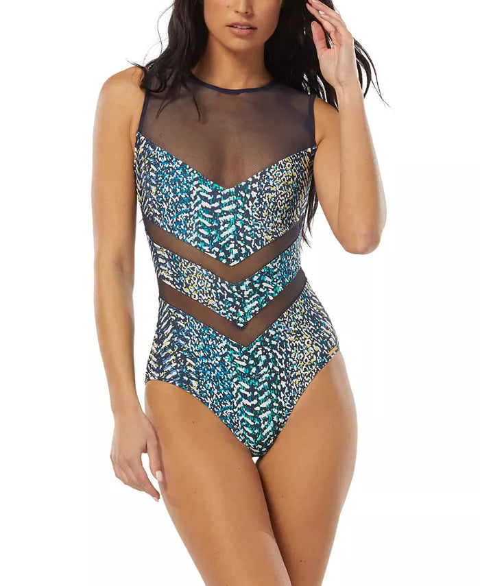 Vince Camuto High-Neck Zip-Back One-Piece Swimsuit