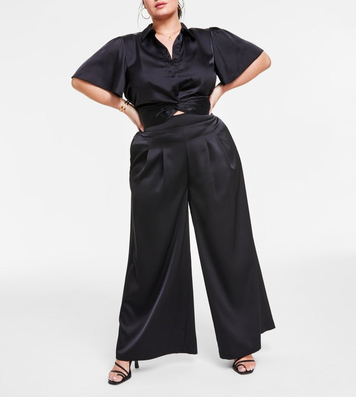 Nina Parker Trendy Plus Size Satin Wide-Leg Pants