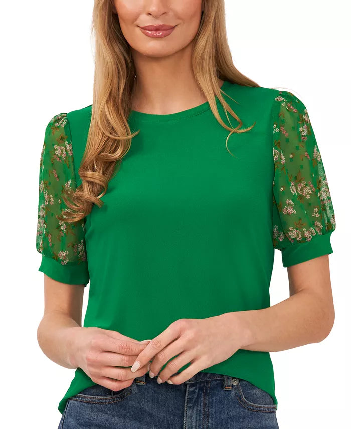 CeCe Mixed Media Puff Sleeve Bouquet Knit Top