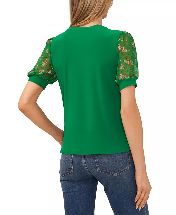 CeCe Mixed Media Puff Sleeve Bouquet Knit Top