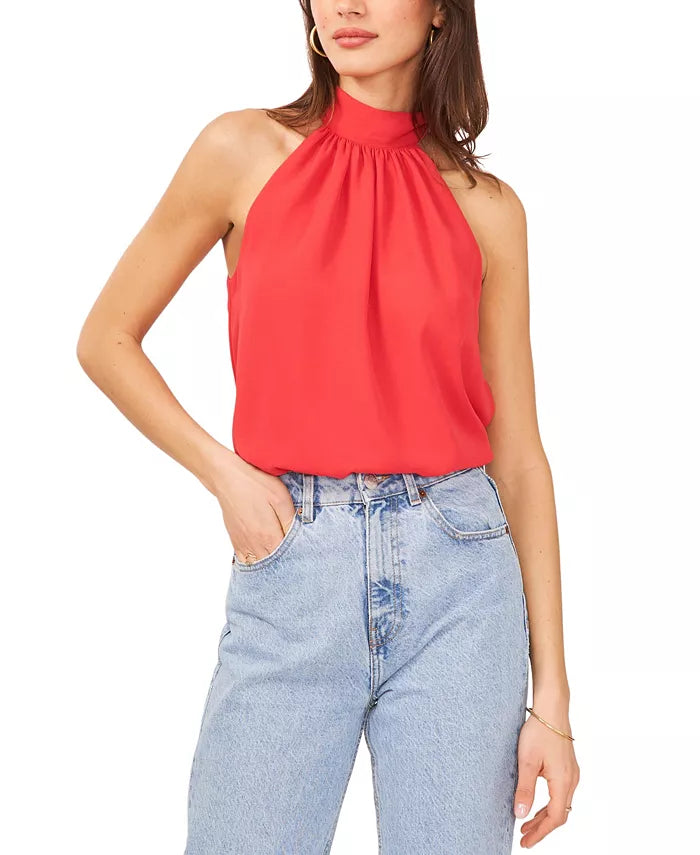 1.STATE Sleeveless Gathered Neck Halter Tie Back Blouse