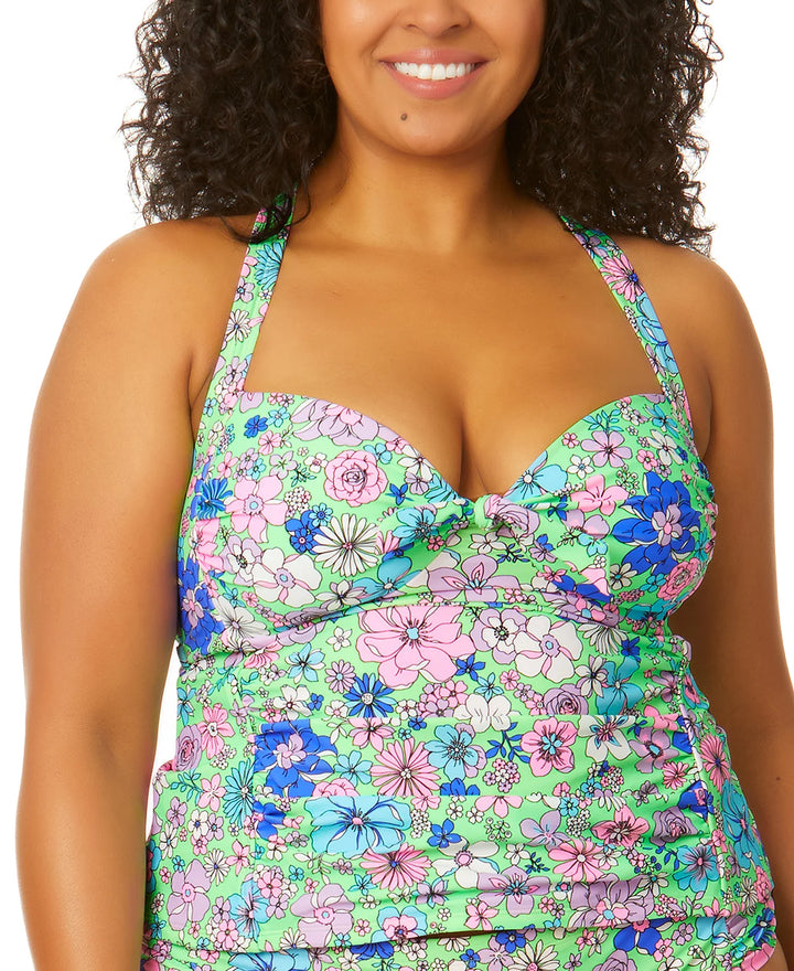 Salt + Cove Trendy Plus Size Peony Party Molded-Cup X-Back Tankini Top