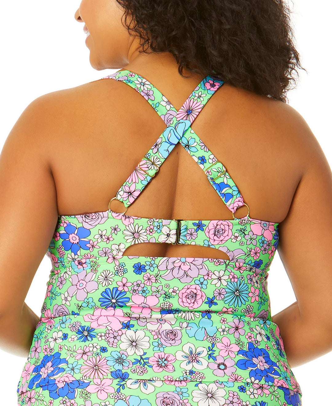 Salt + Cove Trendy Plus Size Peony Party Molded-Cup X-Back Tankini Top