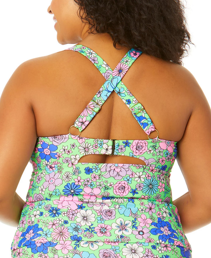 Salt + Cove Trendy Plus Size Peony Party Molded-Cup X-Back Tankini Top