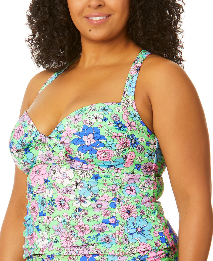 Salt + Cove Trendy Plus Size Peony Party Molded-Cup X-Back Tankini Top