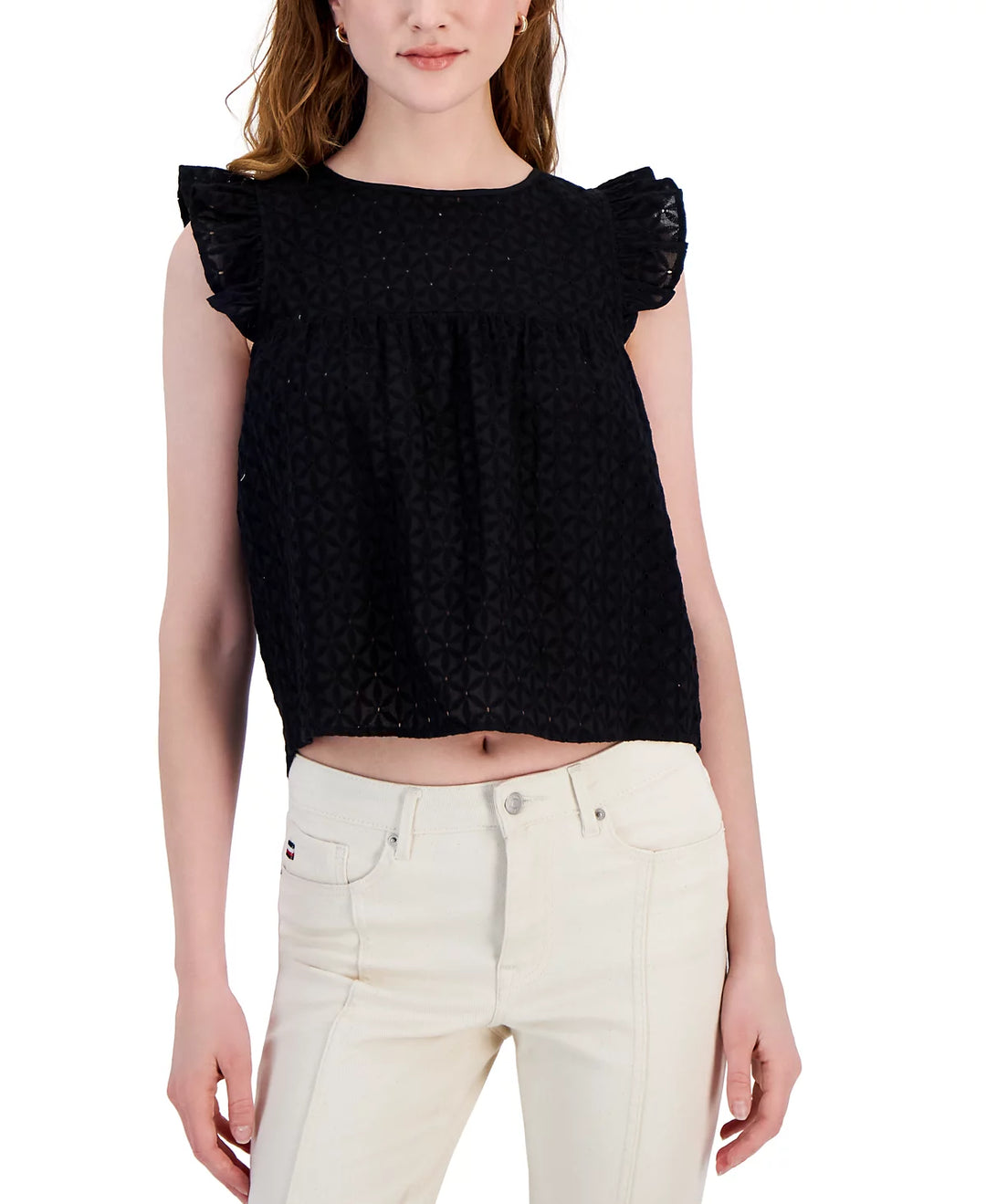 Tommy Hilfiger Cotton Eyelet Tie-Back Flutter-Sleeve Top