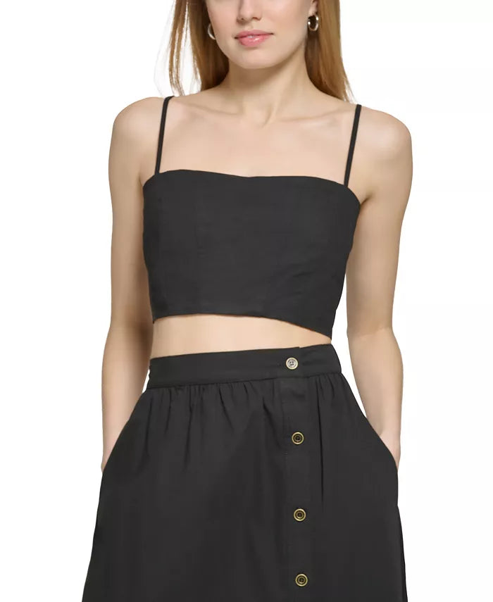 DKNY Sleeveless Poplin Smocked-Back Cotton Cropped Top