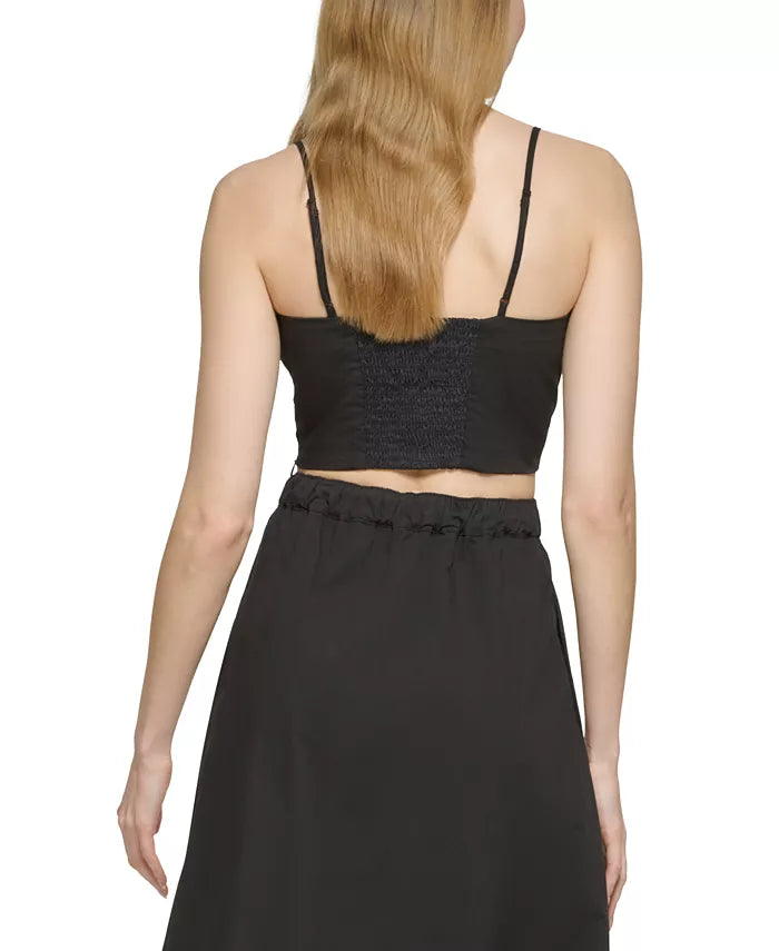 DKNY Sleeveless Poplin Smocked-Back Cotton Cropped Top