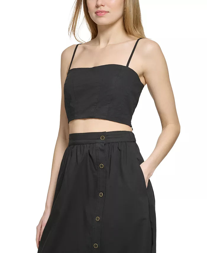 DKNY Sleeveless Poplin Smocked-Back Cotton Cropped Top