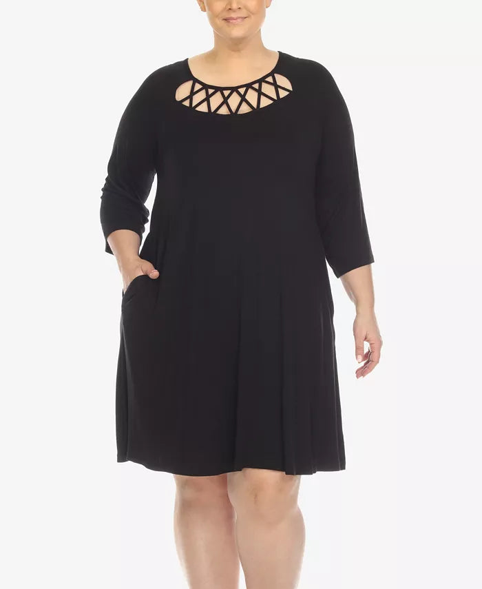 White Mark Plus Size Criss Cross Neckline 3/4 Sleeve Swing Dress