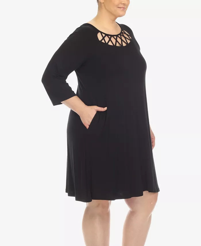 White Mark Plus Size Criss Cross Neckline 3/4 Sleeve Swing Dress