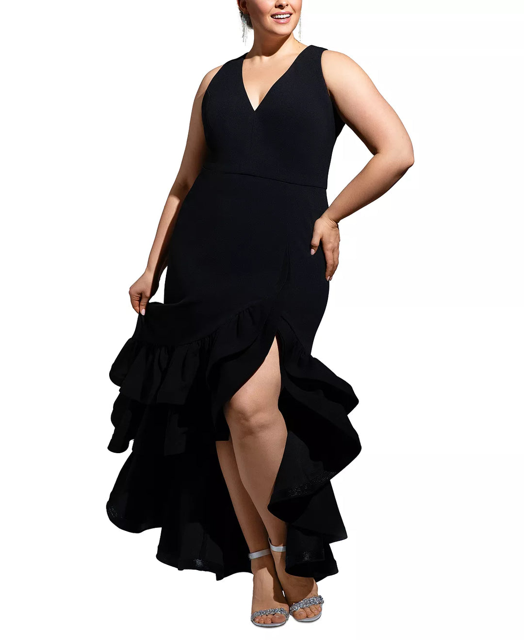Betsy & Adam Plus Size Asymmetric Ruffled Gown