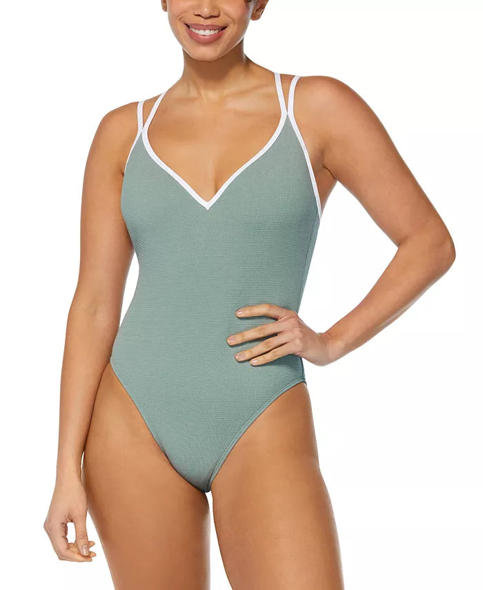 Reebok Twin-Strap Piping-Trim One-Piece Swimsuit