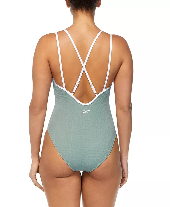 Reebok Twin-Strap Piping-Trim One-Piece Swimsuit
