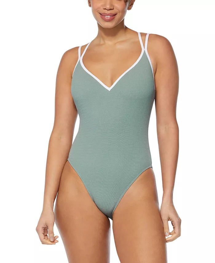 Reebok Twin-Strap Piping-Trim One-Piece Swimsuit