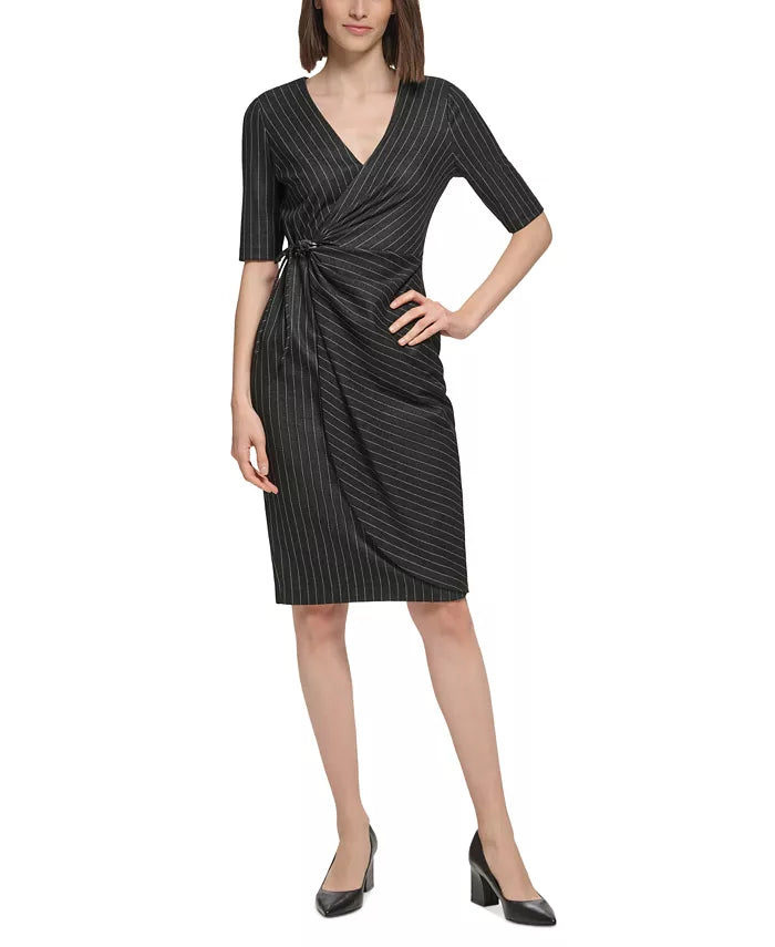 Calvin Klein Pinstriped Looped Side-Tie Dress